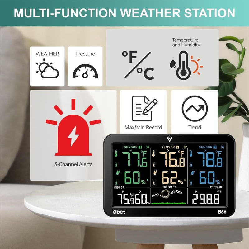 OBET Weather Station Wireless Indoor Outdoor Thermometer Wireless, Color Display Digital Temperature and Humidity Monitor with 3 Sensors, Alerts, Adjustable Backlight, USB Port (500 Feet) - Image 3